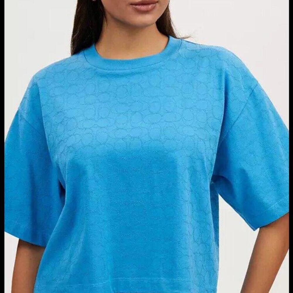 Coach Women’s Size Large CP319 Signature C Blue Cropped T-Shirt NWT MSRP $178